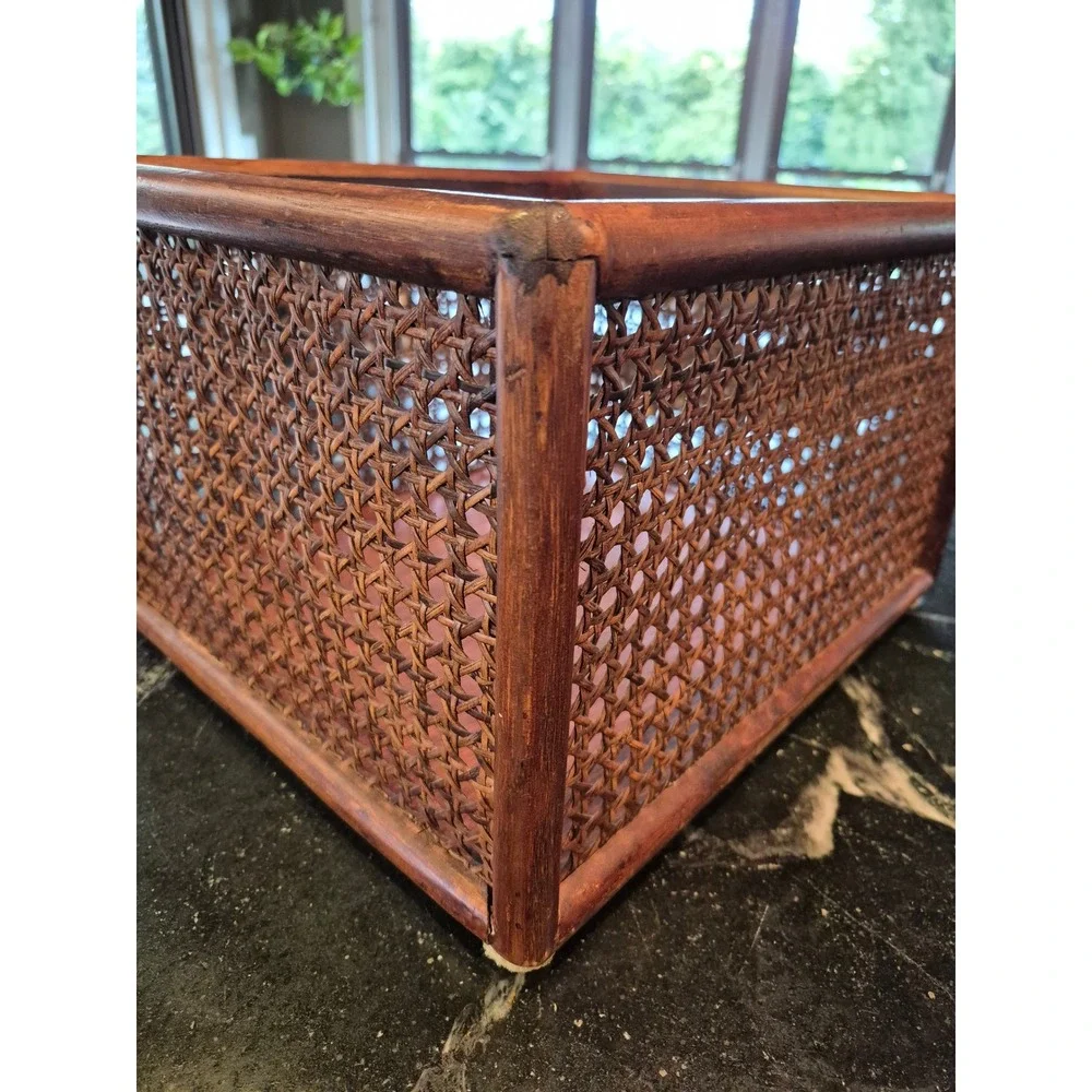 Vintage MCM Woven Cane Rattan Wood Storage Basket Magazine Holder Boho Decor
